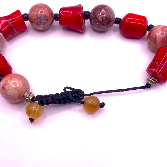 Boho Red Coral Polished Garnet Gemstone Bead Bracelet Adjustable - Picture 3 of 7